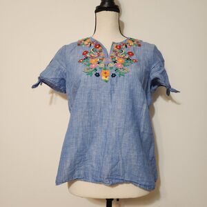 Talbots Linen Cotton Blend Embroidered Top Denim Color Birds Floral Petite S